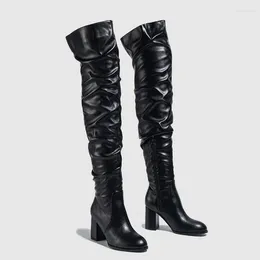 Boots Fashion Autumn Winter Pleated Women Over-the-knee Round Toe Nightclub Punk Ladies Thigh High Booties Sexy Heels Shoes