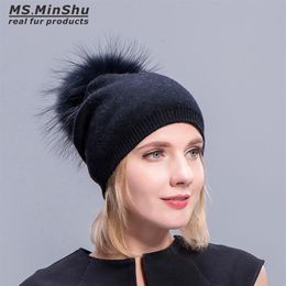 Cashmere Hats For Women Pompom Beanies Fur Hat Female Warm Caps With Real Raccoon Fur Pompom Bobble Hat Adult199n