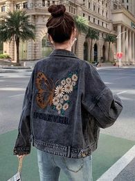 Women's Jackets Butterfly Flower Embroidered Letter Denim Jacket Woman Spring Autumn Coat Cotton Outerwear Button Fe Girl Casual Jeans L231208