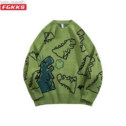 Men's Sweaters FGKKS Sweater Men Harajuku Fashion Knitted Hip Hop Dinosaur Cartoon Pullover O-Neck Oversize Casual Couple Male SweatersL231113