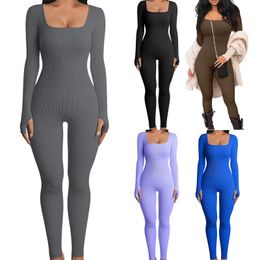 Women's Jumpsuits Rompers Women Skinny Jumpsuit Solid Colour Ribbed Knit Long Sleeve Square Neck Bodycon Jumpsuit Romper Work Out Sport Yoga Playsuits 231208
