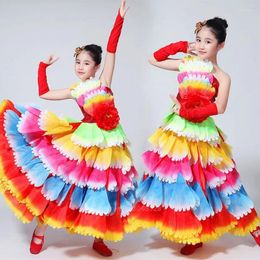 Stage Wear Gypsy Girls Spanish Bullfight Flamenco Skirts Belly Dance Dresses For Kids Long Robe Peony Petal Dress Costumes