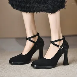 Dress Shoes Black Women's Thin High Heels Wedding Mary Jane 2024 Cross Strap Ankle Buckle Square Head Comfortable Shallow Shoe