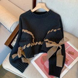 Women's Knits Tees New Fashion Chic Gauze Bow Bandage Knitted Sweater Casual Long Sleeve O-neck Pullovers Spring Autumn Short Tops Female J231208