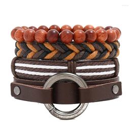 Bangle Trendy Wood Beads Alloy Circle Charm Women Genuine Leather Bracelets Punk Style Men Bracelet Handmade Braid Male Jewellery