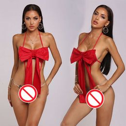 Sexy Tights Bowknot Halter Women's Red Bra Soft and Smooth Bodysuit Lenceria Para Mujer Christmas Best Couple Gifts