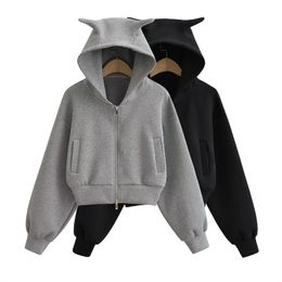 Small Fresh Fashion Hooded Little Devil Hoodie Autumn and Winter New Solid Colour Short Zip Cardigan Women