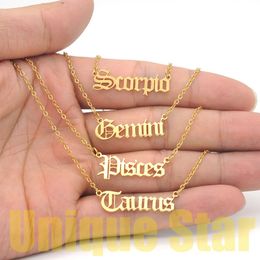 Pendant Necklaces 12pcs/set Wholesale 100% Stainless Steel Old English Zodiac Letter Necklace for Women Aries Horoscope Jewelry Fashion Necklaces 231207