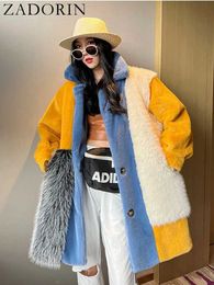 Winter Faux Fur Jackets for Women Furry Warm Splicing Contrast Color Blue Coat Long Jacket Cardigan