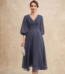 2024 New Design Grey Mother of the Bride Dress A-line V-Neck Tea-Length Chiffon Pleated Wedding Guest Party Gowns for Women Plus Size