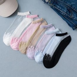 Women Socks 5 Pairs Summer Transparent Flower Lace Silk Ankle Female Invisible Short Boat Lady Breathable Thin