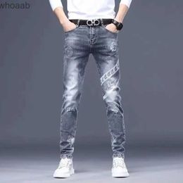 Men's Jeans High Quality Mens Slim-fit Gray Blue Stretch Denim Pants Trendy Prints Decorating Casual Jeans Stylish Sexy Street Jeans; YQ231208