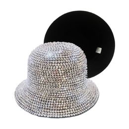 Wide Brim Hats Winter Women Bling Rhinestone Bucket Hat Simple Felt Panama With Full Diamond Adjustable Jazz Whole312a