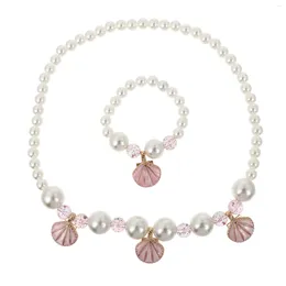 Necklace Earrings Set Children Shell Simulated Pearl Bracelet Kids Jewellery (Pink)