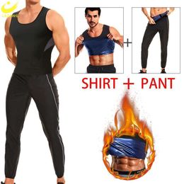 Men Sauna Set Workout Vest Weight Loss Shirt High Waisted Pants Sweat Suit Waist Trainer Body Shaper Polyester Top