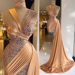 Evening Dresses Gold Prom Gown Party New Custom Plus Size Lace Up Zipper Sleeveless Mermaid Sequined High Neck Satin