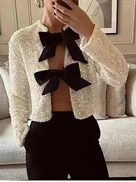 Women's Blouses Ladies Elegant Drawstring Bow Collar White Shiny Short Blouse 2023 Autumn Fashion Sequins No Button Loose Tops