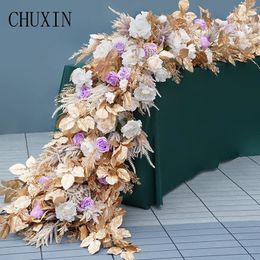 Dried Flowers 5D Gold Leaves Grass Rose Arch Flower Row Table Floral Runner Centrepiece Ball Wedding Backdrop Arrangements Party Decor Props 231207