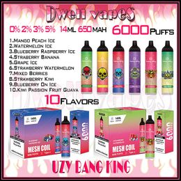 100% Original UZY BANG KING 6000 Puff Disposable Vape 6k Puffs E Cigarettes Vaper 1100mAh Rechargeable Battery Device 14ml Cartridge Pod Bar 0% 2% 3% 5% Level 10 Flavor