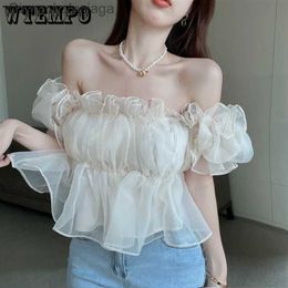 Women's T-Shirt Gauze Chiffon Women Blouse Fairycore Slash Neck Sexy Sweet Puff Sle Ruffle Edge Pleat Design Cropped Top Summer New FashionL231212