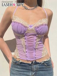 Women's Tanks Camis IAMHOTTY y2k Lace Patchwork Purple Coquette Mesh Corset Women Sexy Backless Criss-cross Halter Camis Sweet Aesthetic Crop Top L231208