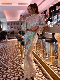 Women's Two Piece Pants 2023 Long Sleeve Y2k Crop TopHigh Waist Sequin Flare Set Golden Sequined 2 Spring Party Clubwear 231207