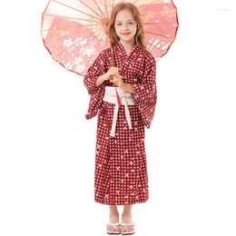 Ethnic Clothing Kawaii Japanese Kimono 2023 Summer Children's Loose Cardigan Plaid Robe Retro Style Floral Print Red Lace Long Skirt Pajamas