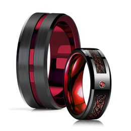 Wedding Rings Fashion 8mm Red Groove Bevelled Edge Stainless Steel Celtic Dragon Rings for Men Zircon Inlay Carbon Fibre Ring Men Wedding Band 231208