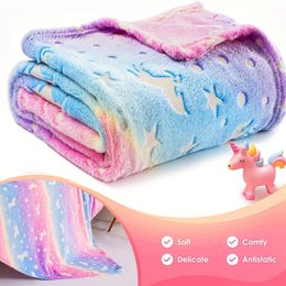 Blankets Swaddling Glow In The Dark Rainbow Unicorn Blanket Cosy Soft Flannel Blanket For Sofa Bed Car Bedding Blanket For Boys Girls Kids Toddlers 231208