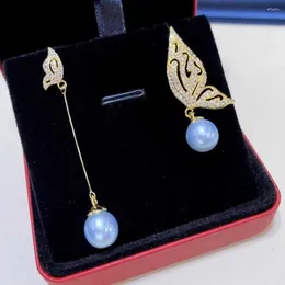 Dangle Earrings 7-8MM Freshwater Pearl Blue Gray Pendant 18K Butterfly Thanksgiving Wedding Fashion VALENTINE'S DAY Lucky Christmas