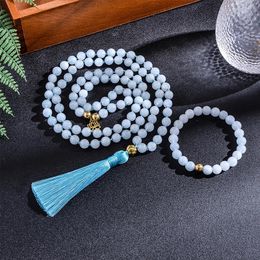 Pendant Necklaces 108 Beaded 8mm Aquamarine Japamala Necklace Bracelet Set Meditation Yoga Spiritual Energy Jewellery Women Rosary Pendant 231207