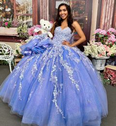 3D Floral Appliqued Quinceanera Dresses Floor Length Glitter Sequined Tulle Long Prom Sweet 16 Dress Lavender Princess Brithday Gowns