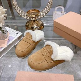 Miui Slippers Womens Shearling Suede Platform Fur Slides Sandal Thick Wool Sherpa Lined Shoes Lug Soles Furry Fluffy Backless Loafer Mules Brand Snea