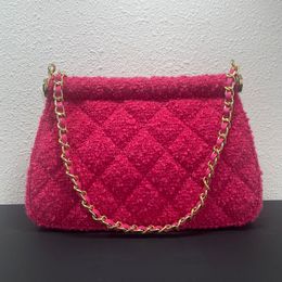 Pink Tweed Women Crossbody Bag Diamond Lattice Quilted Gold Hardware Luxury Handbag Versatile Coin Purse Trend Suitcase Fanny Pack Sacoche Evening Clutch 17.5CM