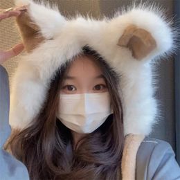 Scarves Cute Winter Thickened Ears Scarf Hat Set Sweet Japanese Kawaii Plush Ear Protection All in one Hooded Warm Gloves 231208