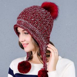 Winter Knitted Cap Hat for Women Wool Blends Soft Warm Skull Caps with Earflaps Lovely Ladies Beanies Gorro with Velvet GH-254224h