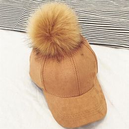 New Style Women Faux Fur Pompom Baseball Caps Light Tan Ball Suede Cap Hip-hop Hat Gorros323f