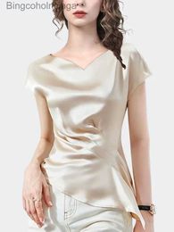 Women's T-Shirt Plus size Summer Chic Women Satin Shirts Fe ice silk tops short Sle asymmetrical Elegant Office Ladies Workwear BlousesL231208