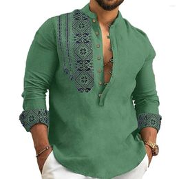 Men's Casual Shirts Men Long Sleeve Button-Down Shirt Blouse Loose Henley V-Neck Beach Tops T Solid Colour Lapel Thin