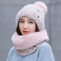 Knitted Sweet Dots lovely Snowflake Hat And Mink Plush Scarf 2Pcs Set Winter Women's Hats Thick Warm Skullies Beanies Female 281I