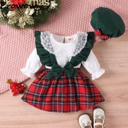 Clothing Sets Prowow 024M Baby Girl Christmas Outfit Lace Collar Bodysuit and Suspender Plaid SkirtsChristmas Hat Year Costume 231207