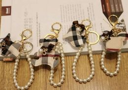 New handmade plaid bear keychain pendant fabric love pearl bag hanging Jewellery wrist rope