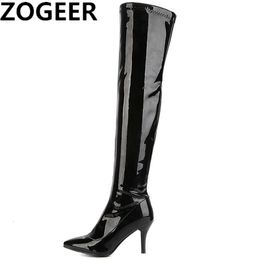 Boots Thigh High Boots Women Red White Black Fashion Over the Knee Boots Patent Sexy Nightclub Dance Ladies Long Shoes Large Size 48 231207