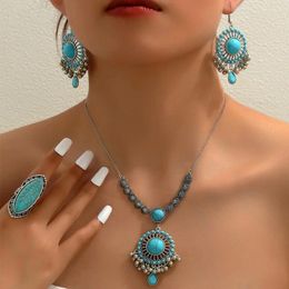 Necklace Earrings Set Bohemian Blue Stone Beaded For Women Fashion Crystal Pearl Chain Drop Earring And Pendant Boho Jewelry