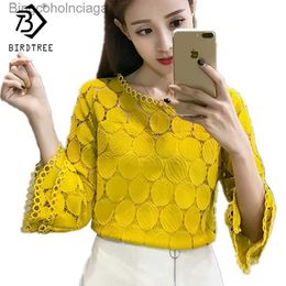 Women's T-Shirt Hollow Out Lace Blouses Shirts New Autumn Korean Women Clothing Flare Sles O-Neck Slim Fe Apricot White Tops T7O009AL231208