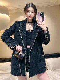 Winter Designer Fashion Chains Tweed Jacket Plus Size Black Long Style Coats