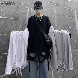 Men's T-Shirts Men Long Sle T-shirts Hole Asymmetrical Mens Oversize S-5XL Solid Loose Tops All Match Personalized Cool Clothing T-shirt New L231208