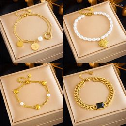 Charm Bracelets DIEYURO 316L Stainless Steel Heart Pearl Coin Bracelet For Women Fashion Wrist Chain Gold-plated Jewellery Birthday Gifts