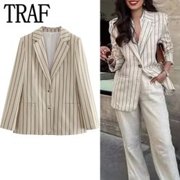 Women's Suits Blazers TRAF Striped Blazer Woman Office Elegant Women's Blazer Button Long Sleeve Chic And Elegant Woman Jacket In Coats 231208