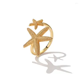 Cluster Rings Design Double Cute Starfish Open Gold Color Beach Adjustable Finger Ring For Women Birthday Gifts Wholesale